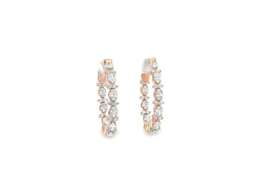18K Rose Gold Oval Hoop Earrings with Natural Round and Oval Diamonds, Half Inside-Out Setting
